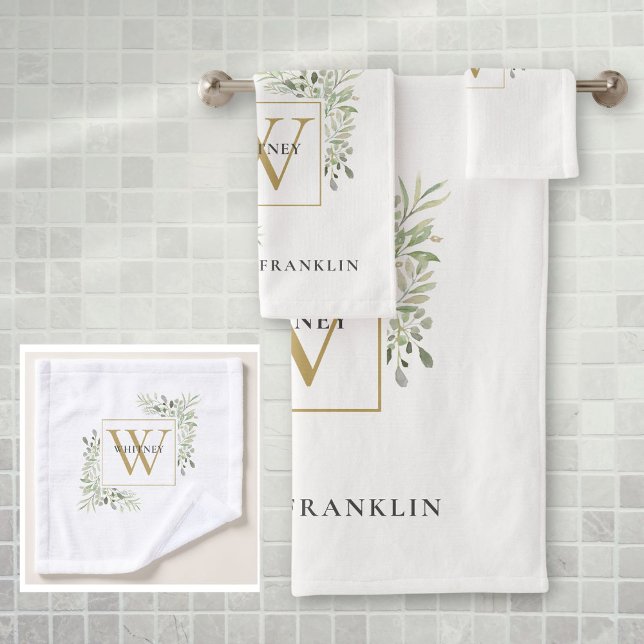 Conjunto De Toalhas Monograma Dourado Chic Eucalyptus Greenery (Chic Gold Monogram Eucalyptus Greenery Bath Towel Set)