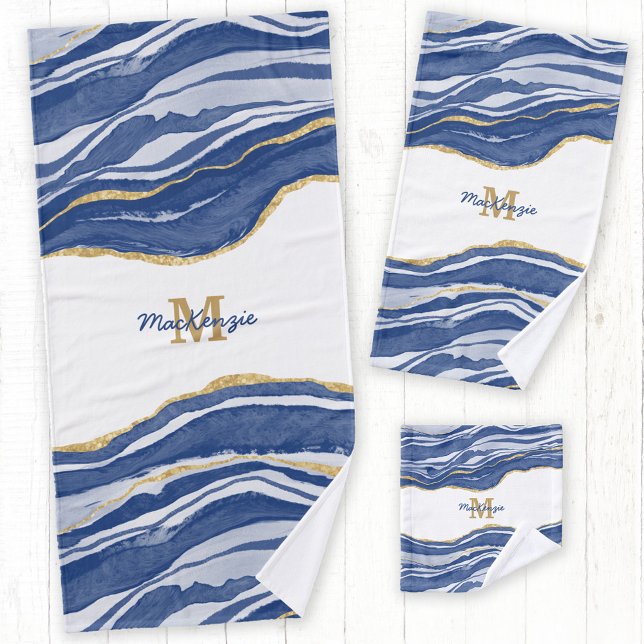 Conjunto De Toalhas Monograma Dourado de Agitação Marble Azul (Watercolor blue agate monogram name towel set)