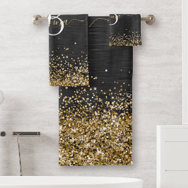 Conjunto De Toalhas Monograma Dourado de brilho preto com brilho perso