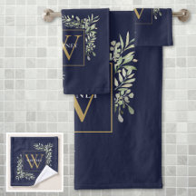 Monograma Dourado de Verdura Floral Azul Naval