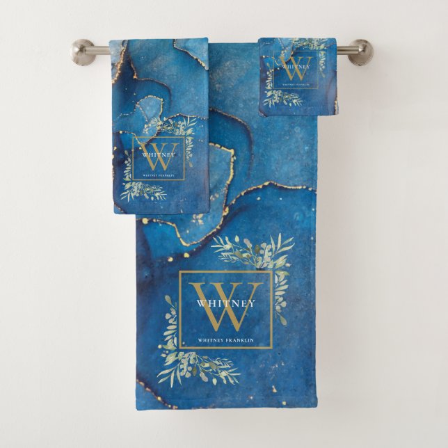 Conjunto De Toalhas Monograma Dourado Denominação Verde Agate Geode Az (Insitu)