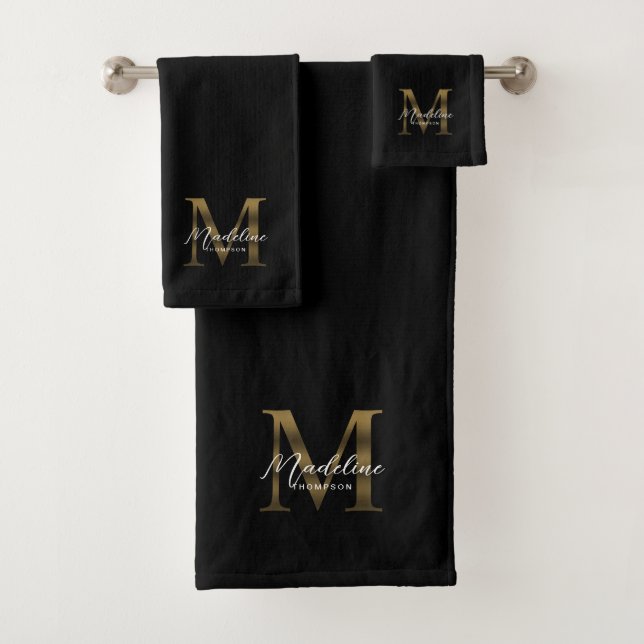 Conjunto De Toalhas Monograma Dourado Metálico Preto com Script Minima (Insitu)