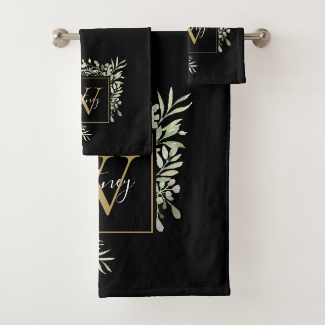 Conjunto De Toalhas Monograma Dourado Personalizado Verde Verde Floral (Insitu)