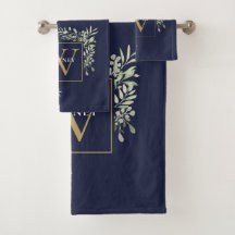 Monograma Dourado Verde Marinho Floral Azul