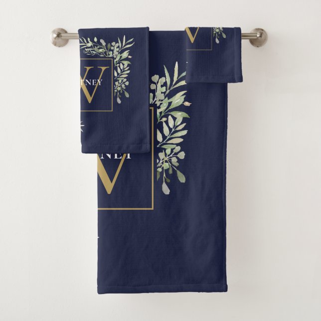 Conjunto De Toalhas Monograma Dourado Verde Marinho Floral Azul (Insitu)