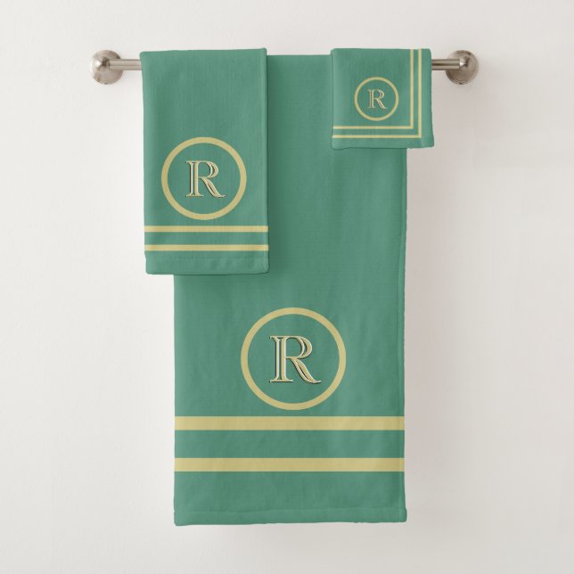 Conjunto De Toalhas Monograma Dourado Verde Simples e Sofisticado Eleg (Insitu)