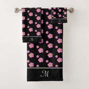 Conjunto De Toalhas Monograma e lindas flores cor-de-rosa em preto