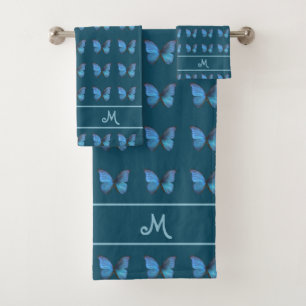 Conjunto De Toalhas Monograma e Padrão de Borboleta Azul em Azul Turqu