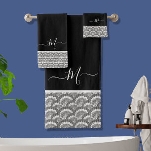 Conjunto De Toalhas Monograma Elegante Branco Náutico Negro, inicial