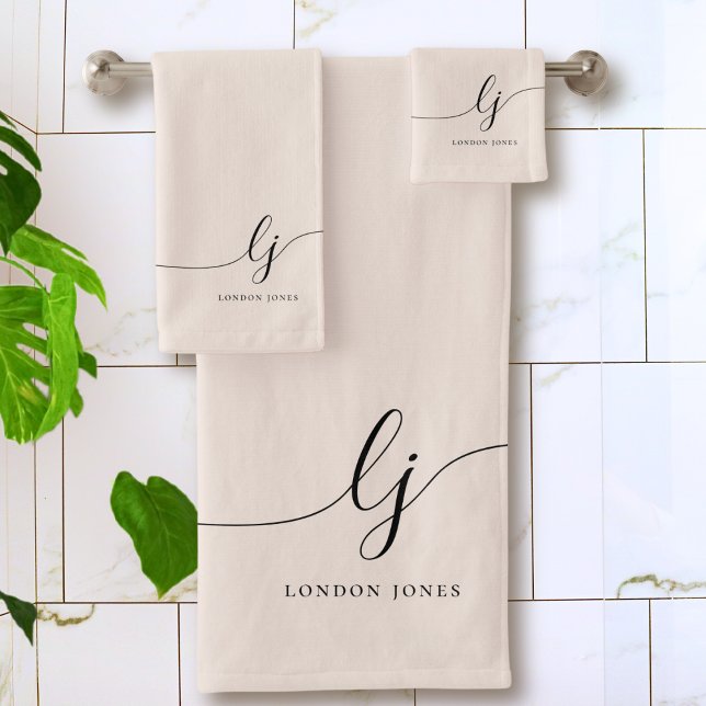 Conjunto De Toalhas Monograma Elegante Caligrafia Mínima Rosa Esmagada (Criador carregado)