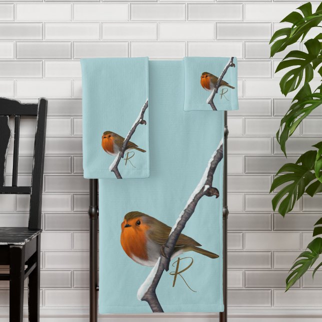Conjunto De Toalhas Monograma Elegante Robin Bird Blue (A robin egg blue bath towel set with space for your initial)