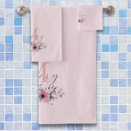 Conjunto De Toalhas Monograma floral de cor-de-água, cor-de-rosa-chic,