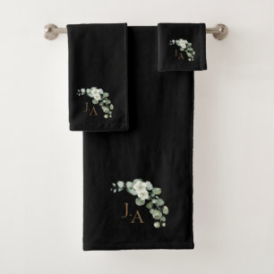 Conjunto De Toalhas Monograma Floral de Eucalipto Preto Elegante