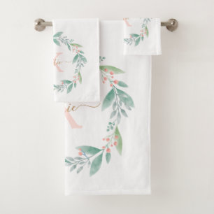 Conjunto De Toalhas Monograma Floral de Ferro Cor de Água Rosa