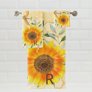 Conjunto De Toalhas Monograma floral de girassol amarelo de abelhas do