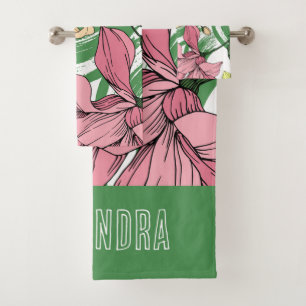 Conjunto De Toalhas Monograma floral desenhado à mão vibrante Cor-de-r