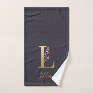 Conjunto De Toalhas Monograma Floral Dourado Elegante Azul Personaliza