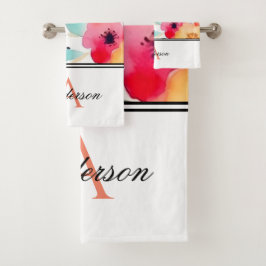 Conjunto De Toalhas Monograma Floral Laranja e Rosa