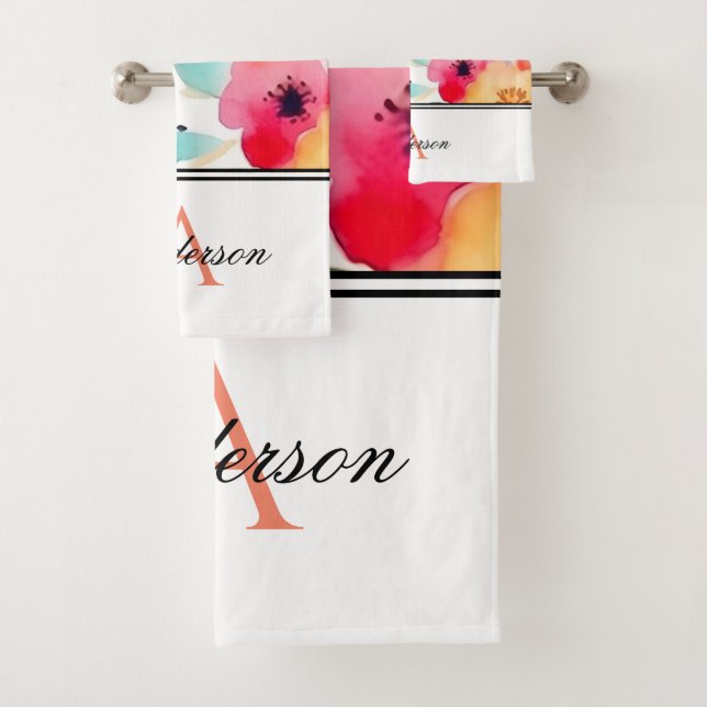 Conjunto De Toalhas Monograma Floral Laranja e Rosa (Insitu)