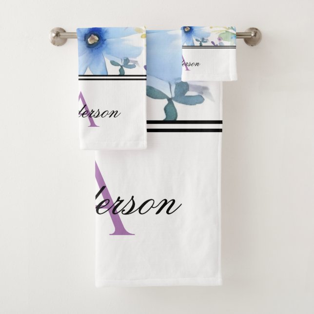 Conjunto De Toalhas Monograma Floral lavanda e Azul (Insitu)