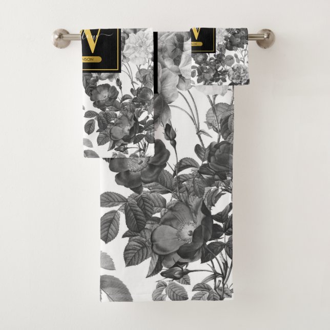 Conjunto De Toalhas Monograma Floral Preto, Branco e Dourado (Insitu)