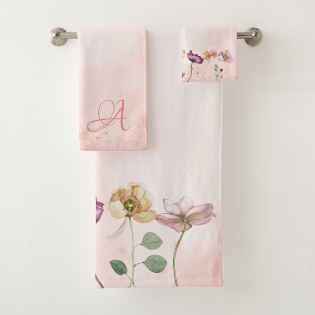 Conjunto De Toalhas Monograma Floral Rosa Elegante (Insitu)