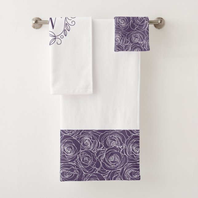 Conjunto De Toalhas Monograma floral roxo elegante (Insitu)