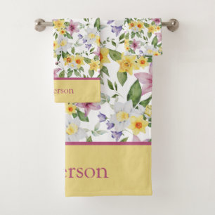 Conjunto De Toalhas Monograma Flores Roxo Amarelo Branco Verde Chic