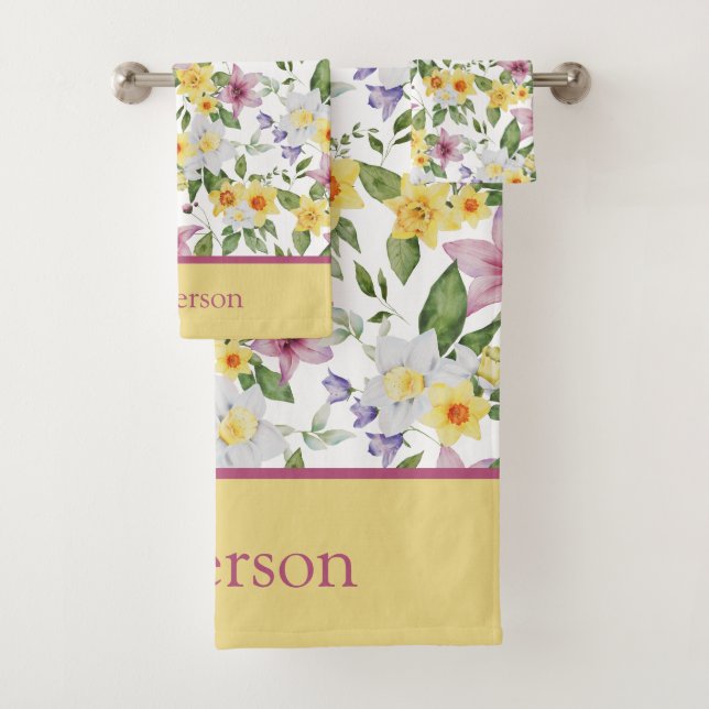 Conjunto De Toalhas Monograma Flores Roxo Amarelo Branco Verde Chic (Insitu)