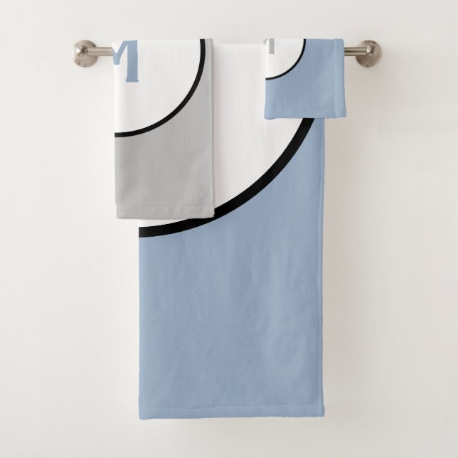 Conjunto De Toalhas Monograma Geométrico Azul Prata Branca Preto (Insitu)