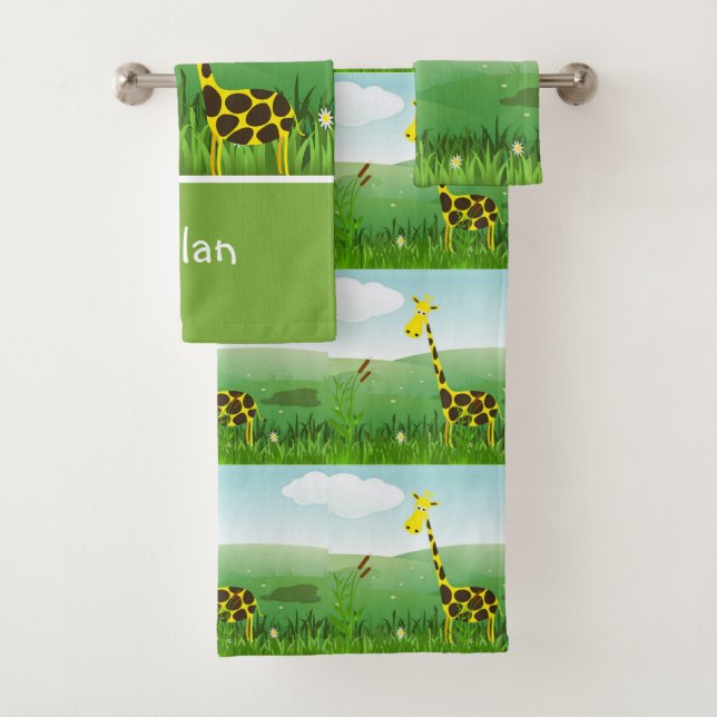 Conjunto De Toalhas Monograma Giraffe Zoo Animal Baby Boy Set (Insitu)