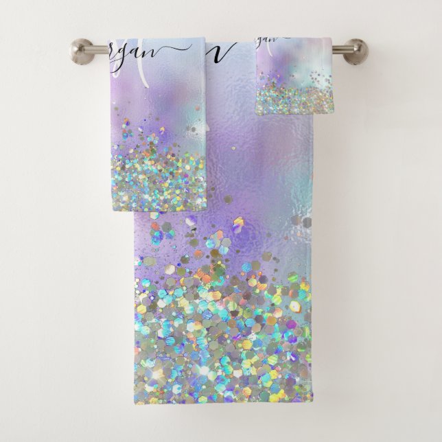 Conjunto De Toalhas Monograma Holográfico Glitter Arco-Íris Pastel (Insitu)