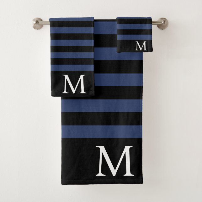 Conjunto De Toalhas Monograma inicial Black and Blue Stripes (Insitu)