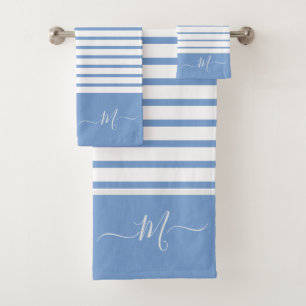 Conjunto De Toalhas Monograma inicial de cor azul-poeirenta branca est