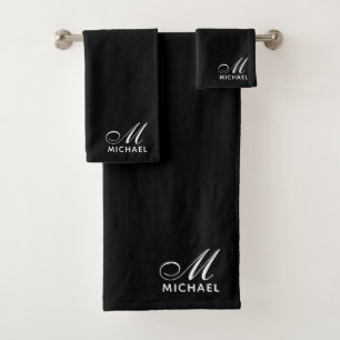 Conjunto De Toalhas Monograma Inicial de Script Branco Moderno Preto