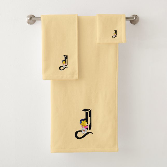 Conjunto De Toalhas Monograma J Amarelo Pálido   (Insitu)
