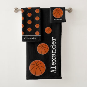Conjunto De Toalhas Monograma — laranja de basquete em preto