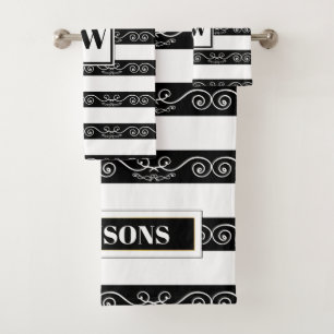 Conjunto De Toalhas Monograma listrado branco preto