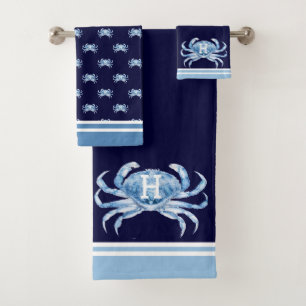 Conjunto De Toalhas Monograma Marinho Azul Aquarela Caranguejo Náutico