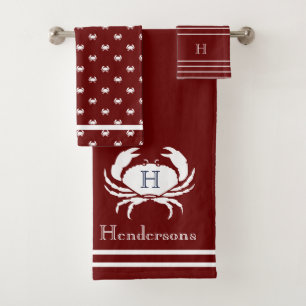 Conjunto De Toalhas Monograma Maroon Red White Caranguejo Náutico Linh