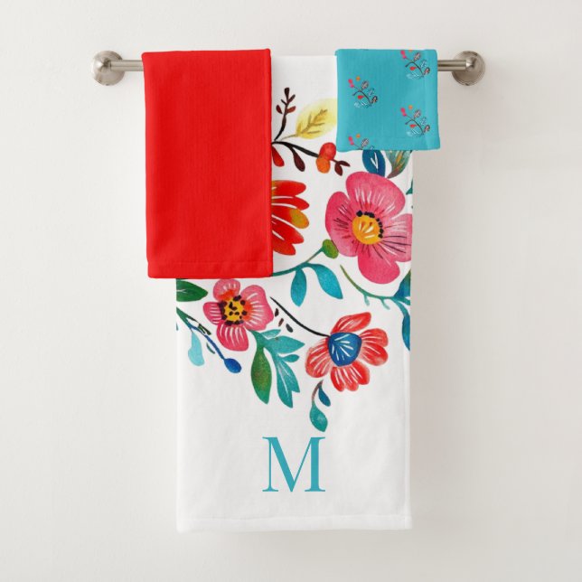 Conjunto De Toalhas Monograma Mexicano Floral Colorida Boho (Insitu)