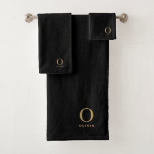 Conjunto De Toalhas Monograma Minimalista Moderno Preto Dourado