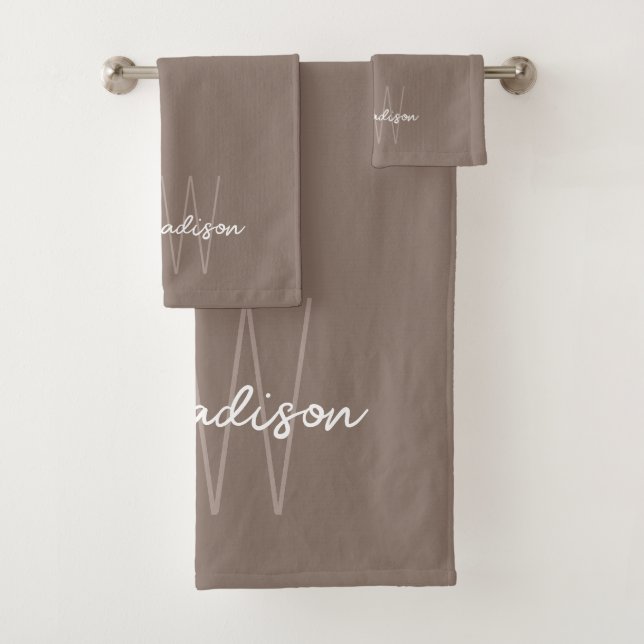 Conjunto De Toalhas Monograma Moderna Nome Script Bege (Insitu)