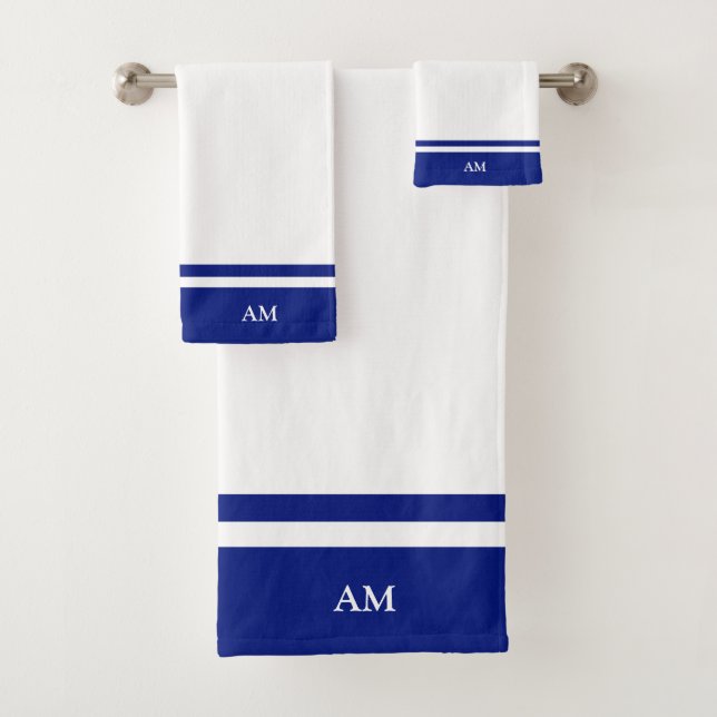 Conjunto De Toalhas Monograma Moderno em Azul e Branco (Insitu)