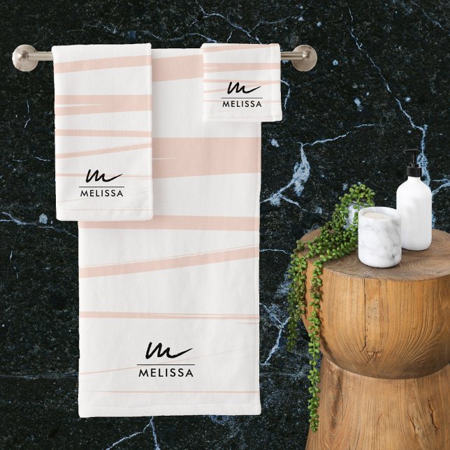 Conjunto De Toalhas Monograma Moderno - Linhas Rosa Escuras Abstrato (Modern Monogram Blush Pink Lines Abstract Art Bath Towel Set)