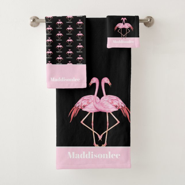 Conjunto De Toalhas Monograma Moderno Nome Black Pink Flamingo Bath To (Insitu)