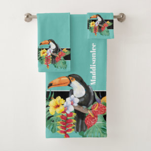 Conjunto De Toalhas Monograma Moderno Nome Black Toucan Bathroom