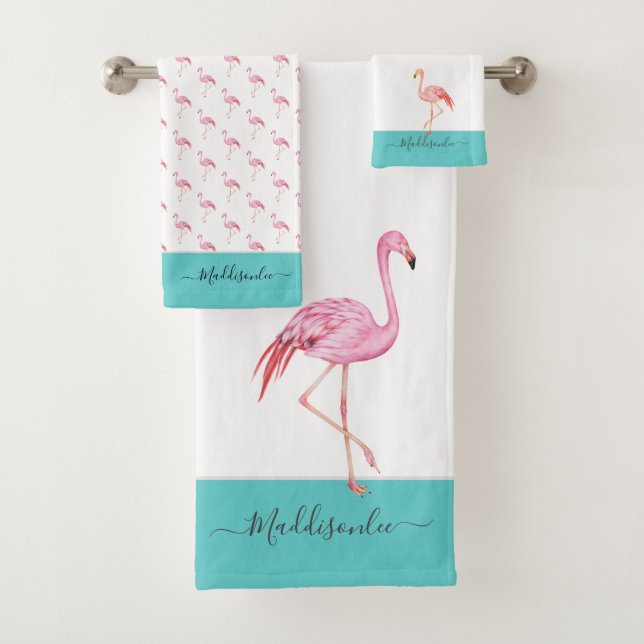 Conjunto De Toalhas Monograma Moderno Nome Rosa Flamingo Teal Aqua Azu (Insitu)