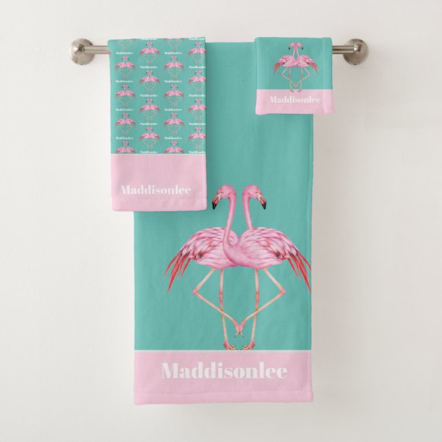 Conjunto De Toalhas Monograma Moderno Nome Teal Pink Flamingo (Insitu)