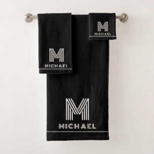 Conjunto De Toalhas Monograma Moderno Preto Masculino